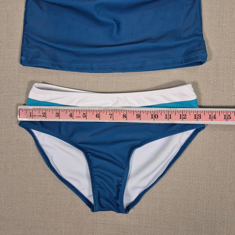 Blue Color Block Tankini Swimsuit Ruched Two Piece Kids Size 11-12Y